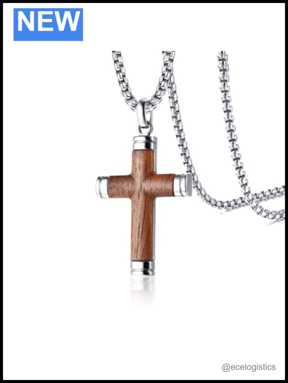 Titanium Steel & Ebony Wood Cross Pendant Necklace for Men 24in
